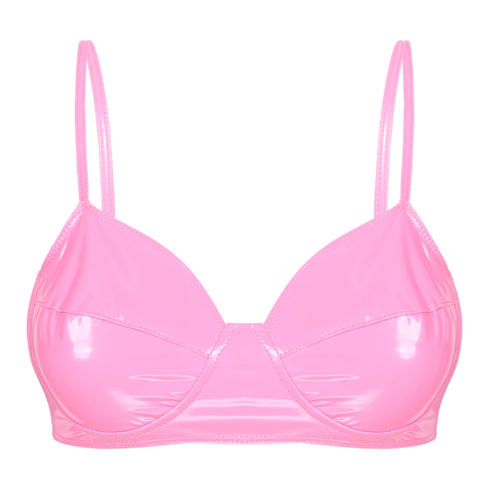 Womens Sexy Lingerie Shiny Wetlook Leather Harness Bra Fashion Black Wire-Free No Pad Bra Top Erotic Lingerie Underwear Clubwear