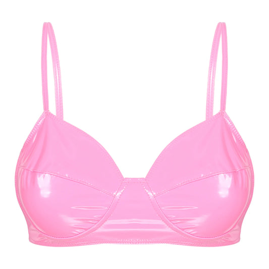 Womens Sexy Lingerie Shiny Wetlook Leather Harness Bra Fashion Black Wire-Free No Pad Bra Top Erotic Lingerie Underwear Clubwear