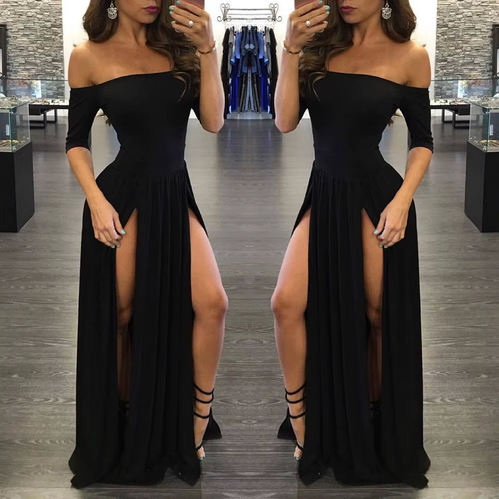 Women Sexy Slash Neck Maxi Dress Solid Color High Slit Formal Party Dress Fashion Slim Summer Dress Vestido De Mulher